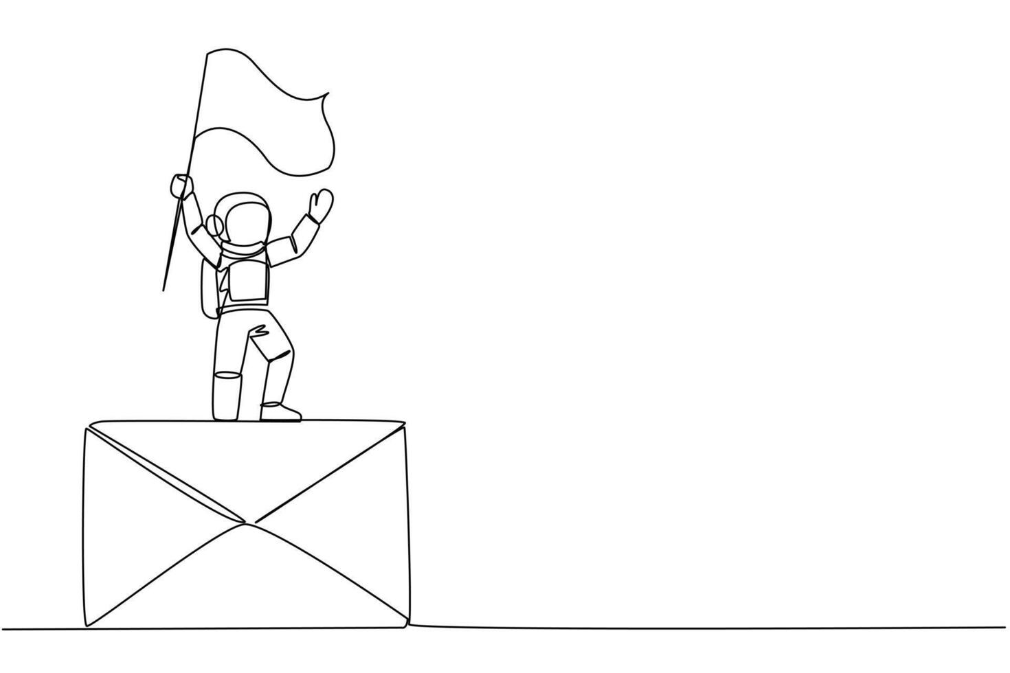 Single one line drawing young astronaut standing on giant email icon holding fluttering flag. Received an email from the team on earth to quickly complete expedition. Continuous line design graphic vector