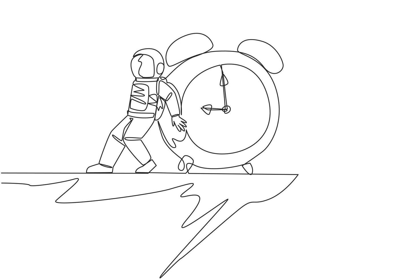 Single continuous line drawing astronaut pushed a giant alarm clock down with his back from the edge of the cliff. Tough man in outer space. Cosmonaut deep space. One line design vector illustration