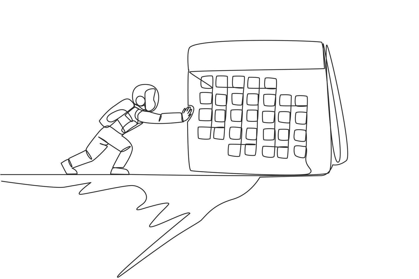 Single continuous line drawing astronaut pushes giant desk calendar over the edge of a cliff. Eliminate busy expedition schedules. Cosmic galaxy space concept. One line design vector illustration