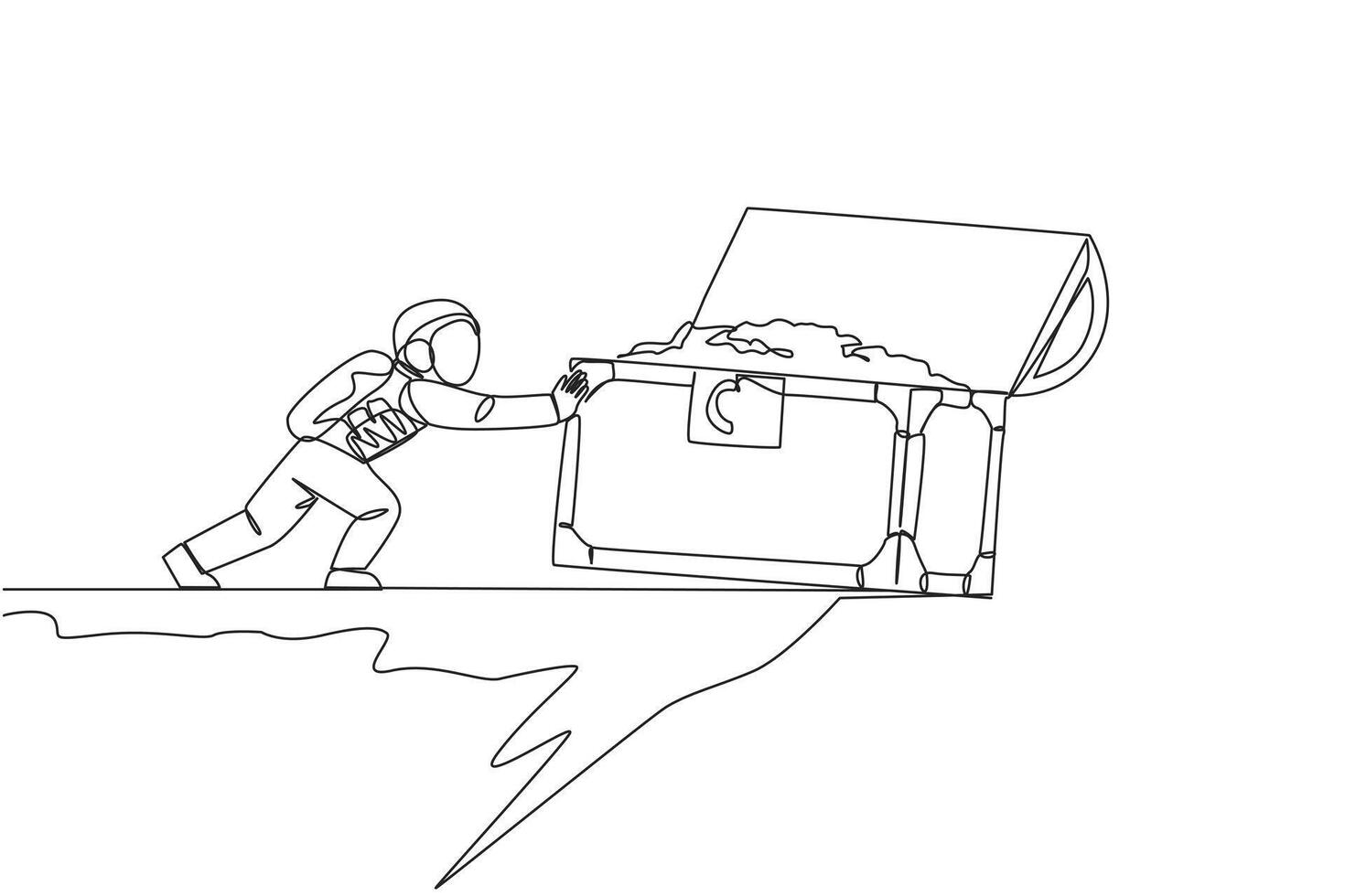 Single one line drawing astronaut pushes giant open treasure chest over the edge of cliff. Tough man in outer space. Cosmic galaxy space concept. Spaceman. Continuous line design graphic illustration vector