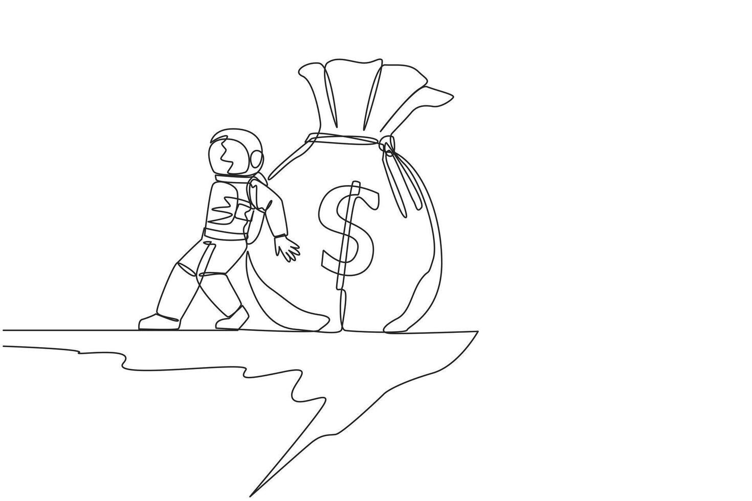 Continuous one line drawing astronaut pushed giant money bag down with his back from the edge of the cliff. Wasting money. Cosmic galaxy space concept. Single line draw design vector illustration