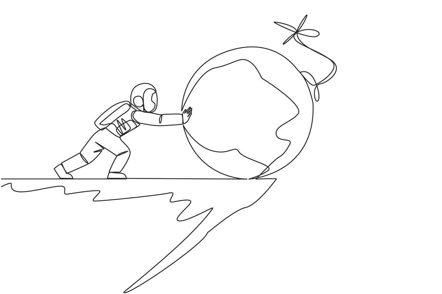 Single one line drawing astronaut push large bomb with a burning fuse over the edge of a cliff. Eliminate danger until it falls over the edge of the abyss. Continuous line design graphic illustration vector