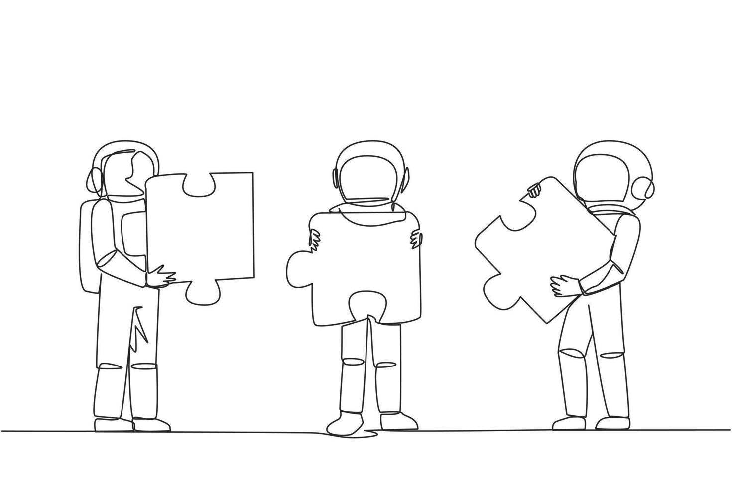 Single one line drawing three astronauts each carrying three puzzle pieces. Teamwork of astronauts putting the puzzle together. Cosmic galaxy deep space. Continuous line design graphic illustration vector