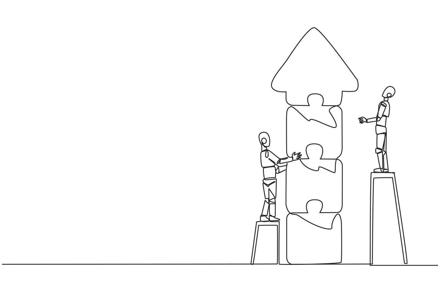 Single continuous line drawing two robots doing teamwork together. Climbing the stairs, the two put together a puzzle to form an arrow up. Artificial intelligence. One line design vector illustration