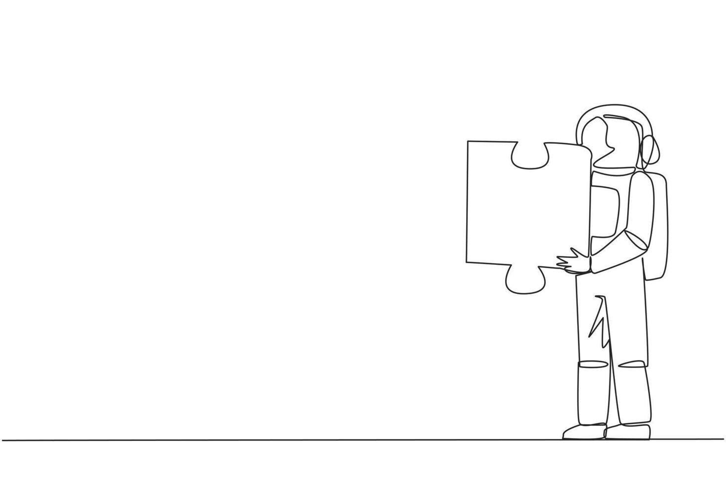 Continuous one line drawing young energetic astronaut holding a puzzle piece. Looking for other for teamwork to find other pieces. Cosmonaut outer space. Single line draw design vector illustration