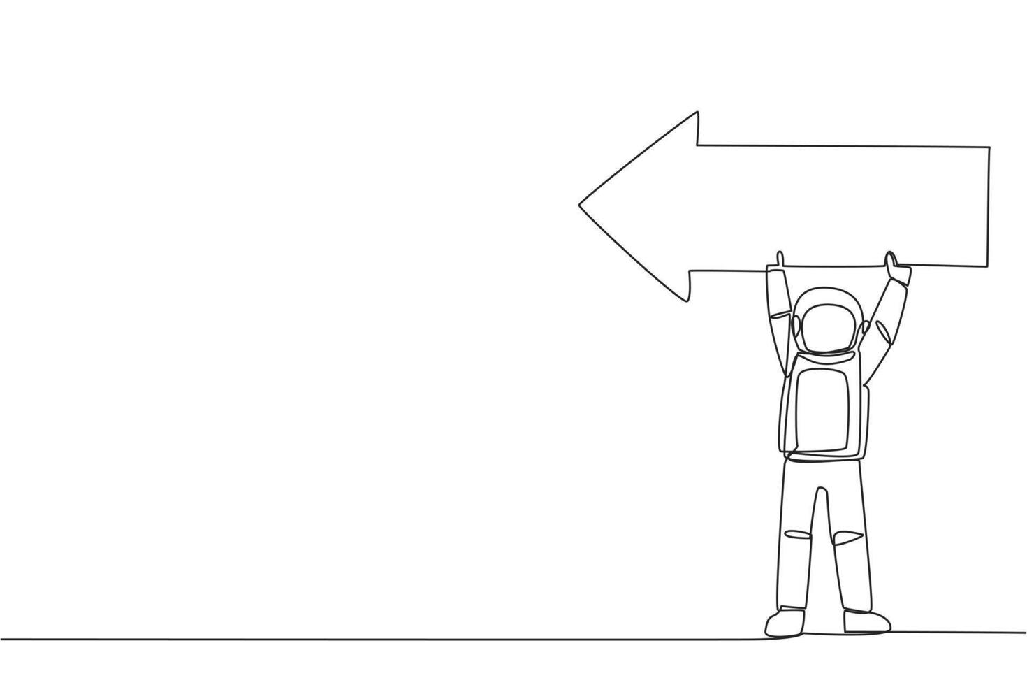 Single one line drawing young energetic astronaut lift the arrow-shaped puzzle. Teamwork by telling the direction where the spacecraft lands. Cosmonaut. Continuous line design graphic illustration vector