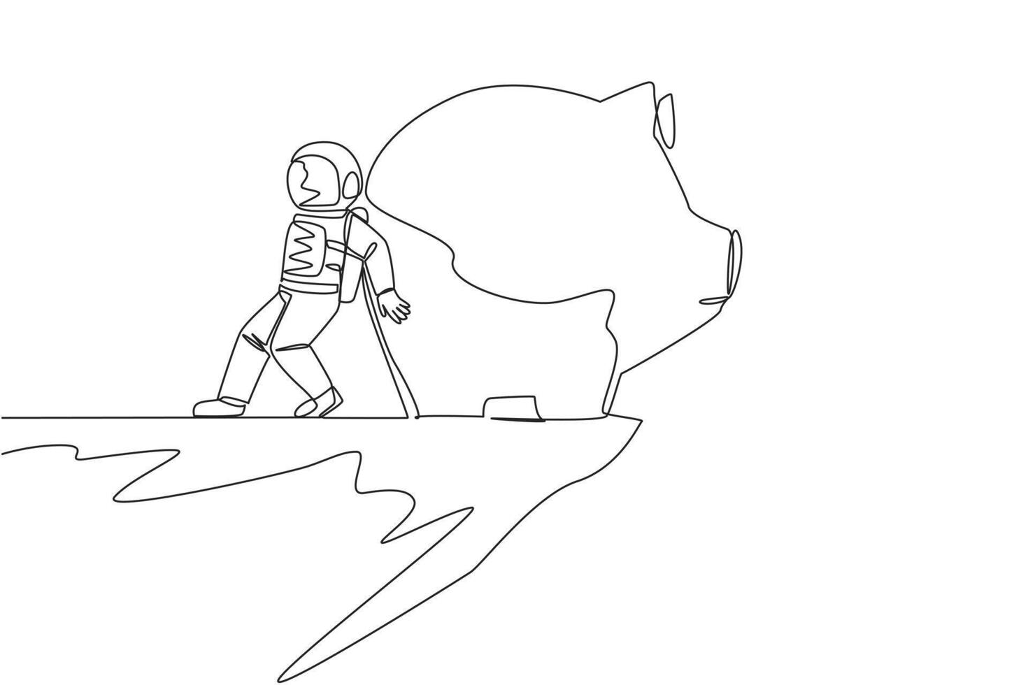 Single continuous line drawing astronaut pushed giant piggy bank down with his back from the edge of the cliff. Failed to save, the piggy bank is always empty. One line design vector illustration