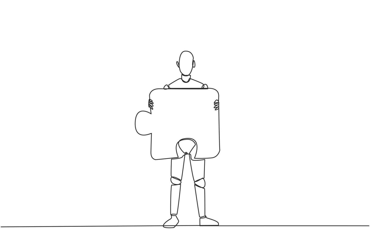 Single continuous line drawing robotic artificial intelligence brought puzzle piece and placed it in front of chest. Teamwork brings one piece each. Future tech. One line design vector illustration