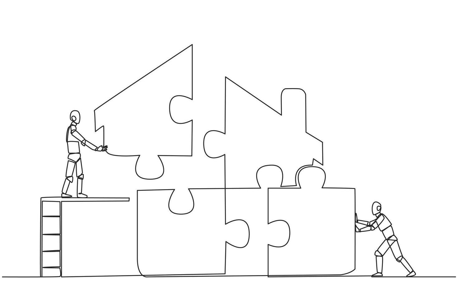 Single continuous line drawing two robots put together a square puzzle in the shape of a house. Teamwork and ladders make putting together puzzles even easier. One line design vector illustration