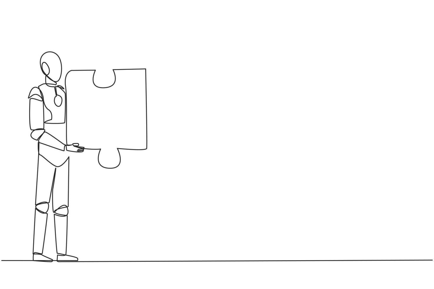 soltero uno línea dibujo robótico artificial inteligencia participación un rompecabezas pedazo. mirando para otro robots para trabajo en equipo a encontrar otro piezas. futuro concepto. continuo línea diseño gráfico ilustración vector