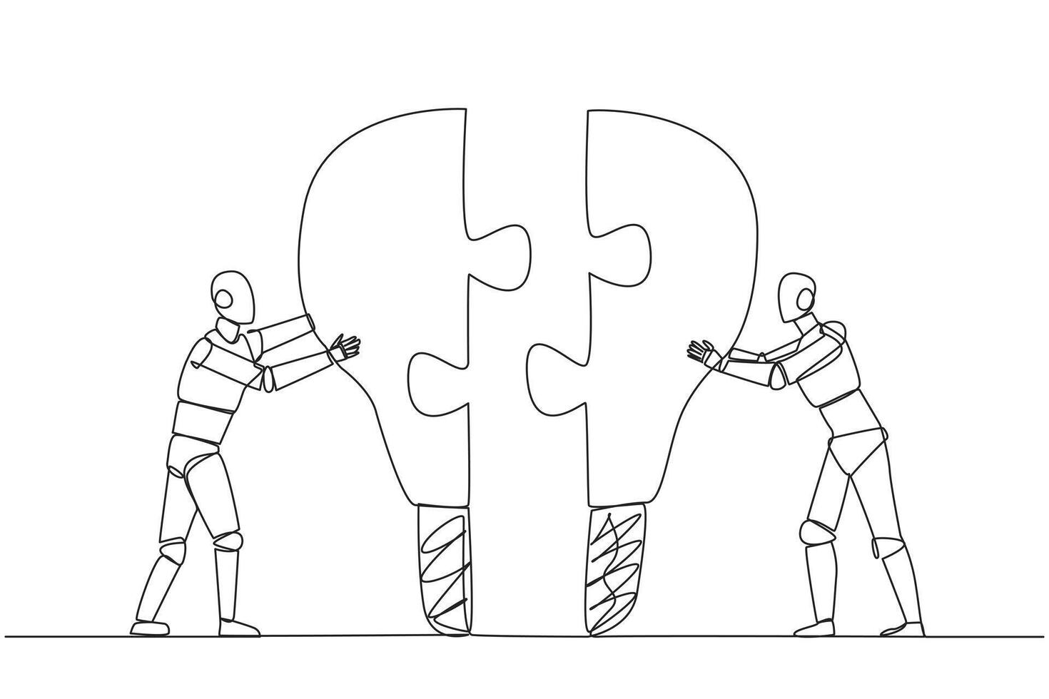 Single one line drawing two robot pushing two lightbulb-shaped puzzle pieces. Metaphor brings together two ideas. Teamwork of two future robots. AI tech. Continuous line design graphic illustration vector