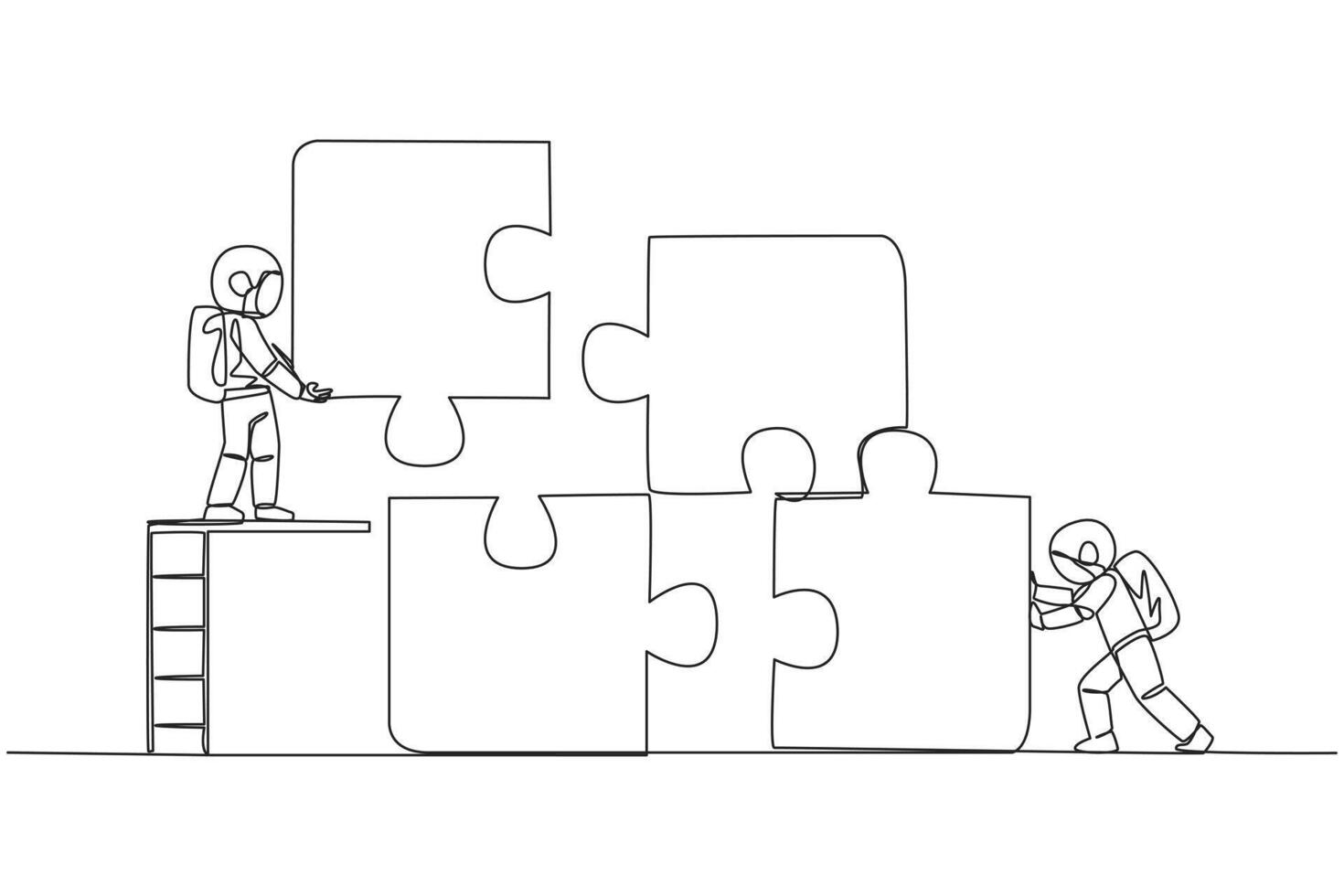 Continuous one line drawing two astronauts teamwork to put together a square puzzle, one of them climbs ladder holding up a piece of the puzzle. Cosmic. Single line draw design vector illustration