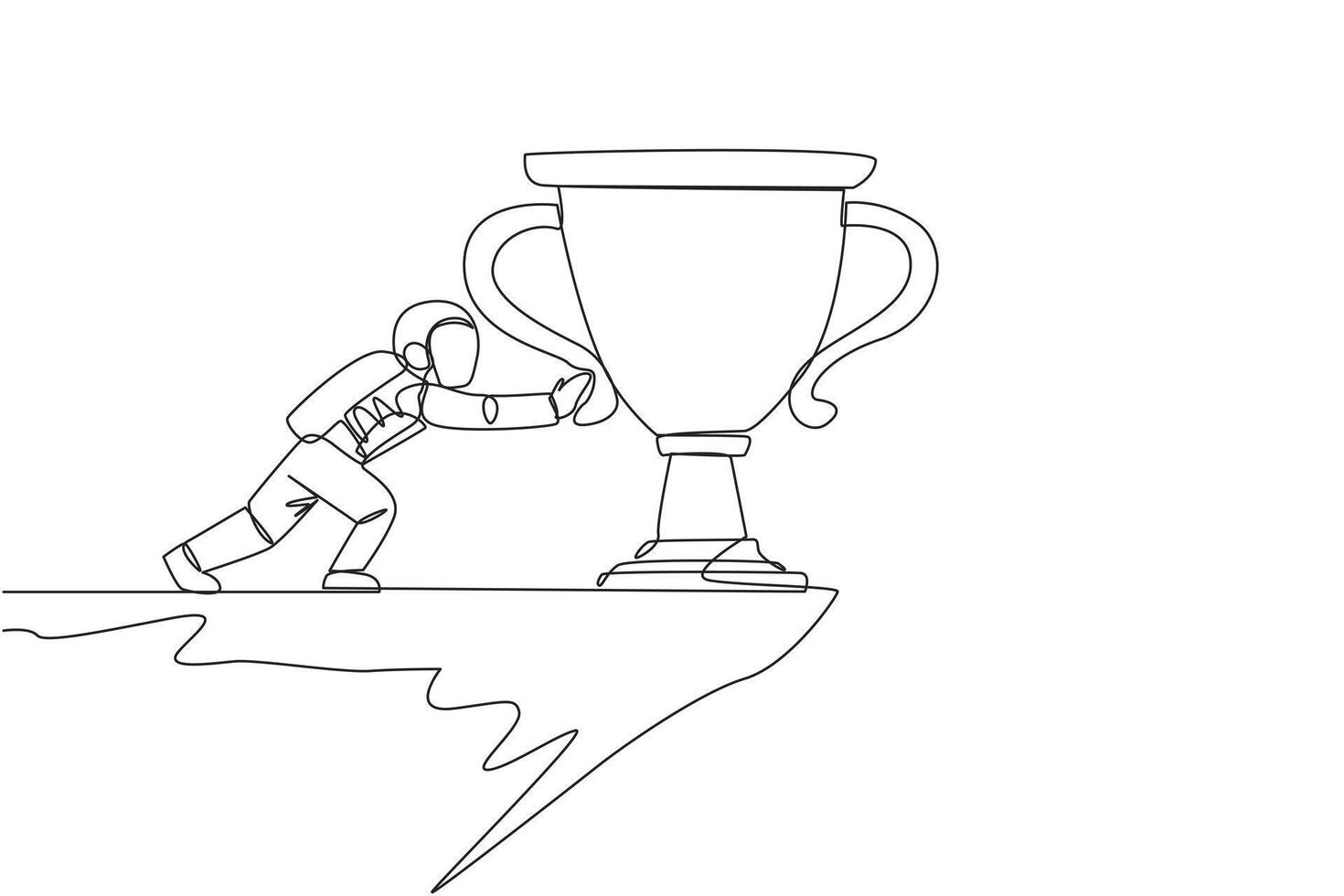 Continuous one line drawing astronaut pushes giant trophy over the edge of a cliff. There are no individual trophies, expedition teamwork is preferred. Single line draw design vector illustration