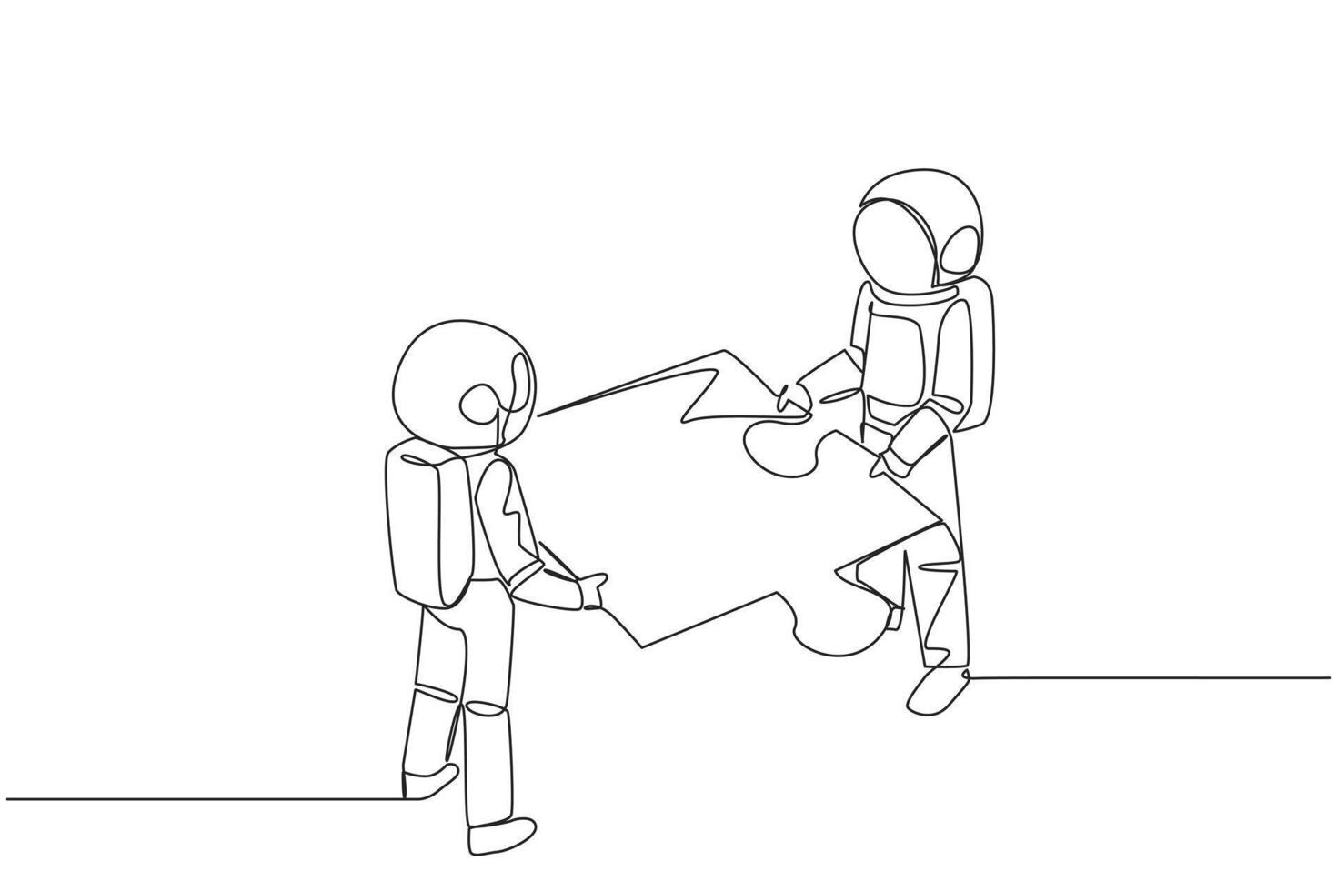 Single one line drawing two astronauts lift huge puzzle piece together. Teamwork moves the puzzle pieces to form a unified whole. Cosmic galaxy deep space. Continuous line design graphic illustration vector