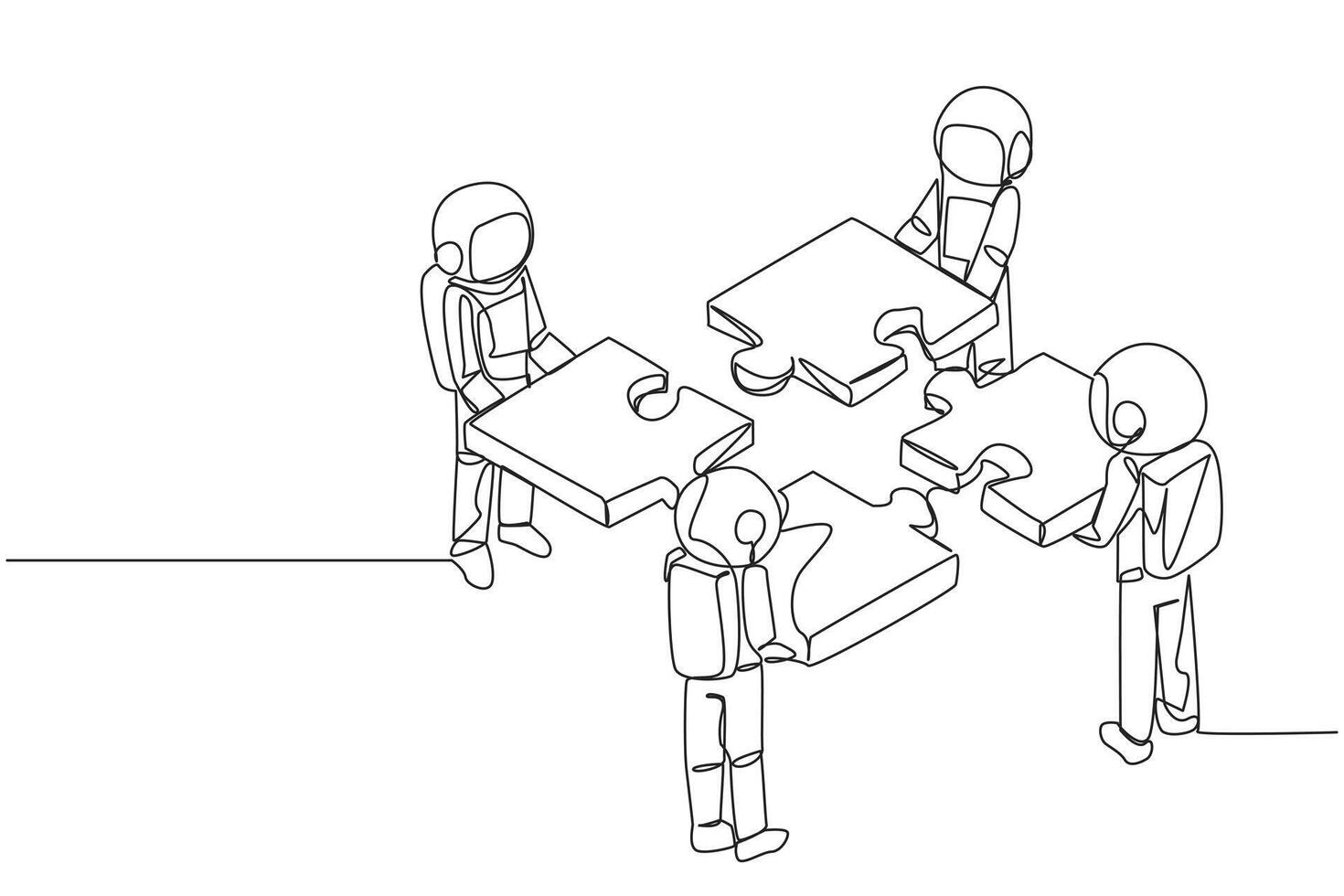 Single continuous line drawing four young energetic astronaut standing with each holding puzzle pieces. Teamwork to put together the puzzle into one shape. Cosmic. One line design vector illustration