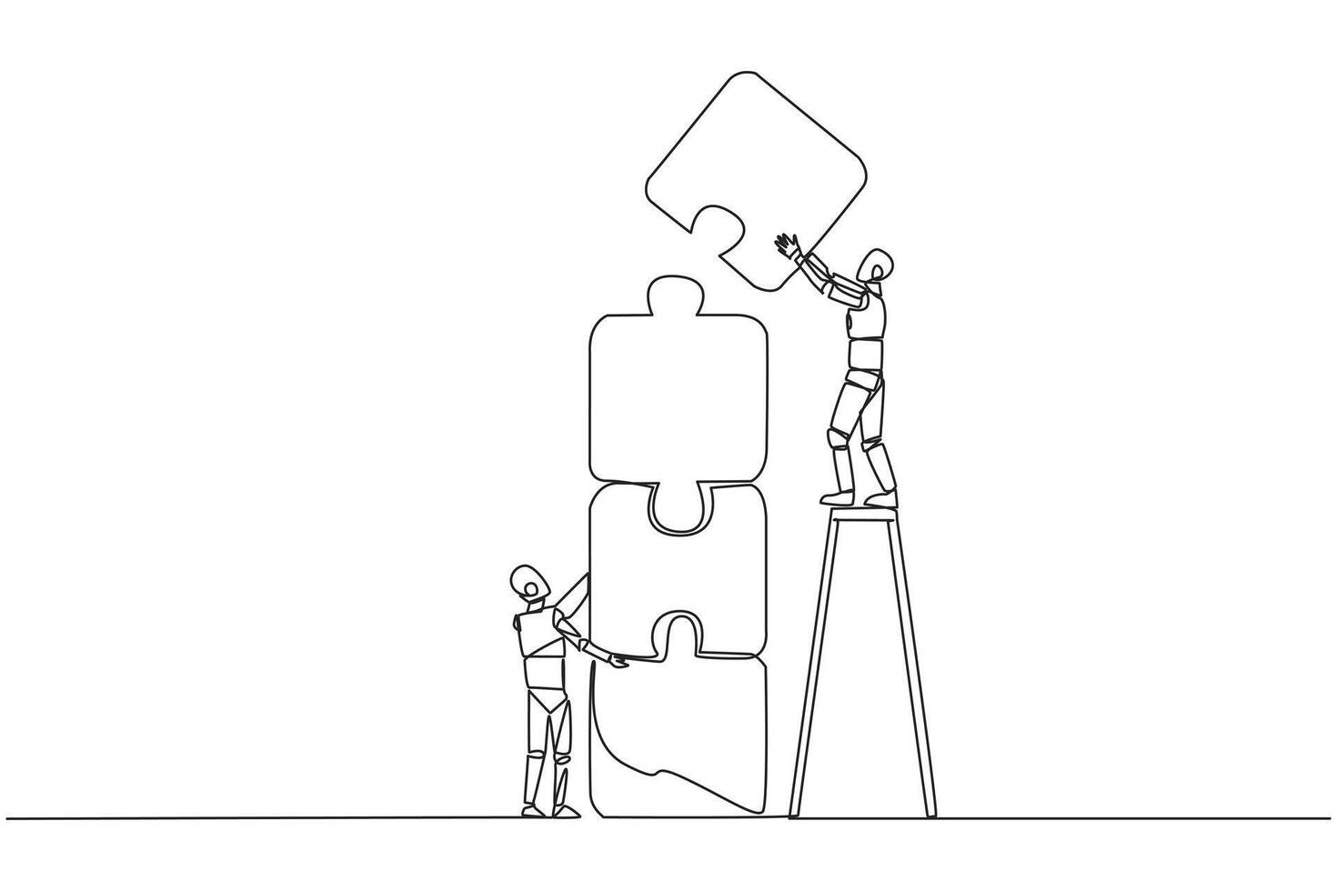 Continuous one line drawing two robots putting together a puzzle. One of the two climbs up the ladder to make a puzzle arrangement of four. Teamwork robots. Single line draw design vector illustration