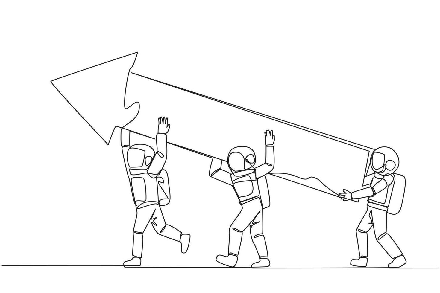 Single one line drawing three astronauts raised the big arrow together. With teamwork making graphics can improve.  Deep space astronaut concept. Cosmonaut. Continuous line design graphic illustration vector