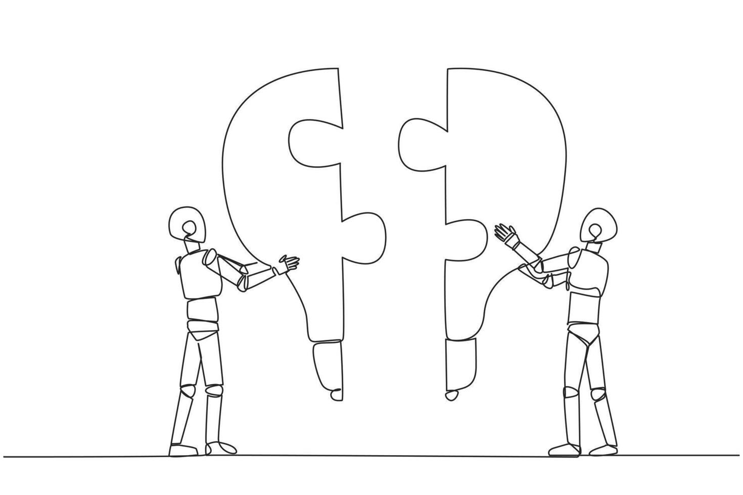 Single one line drawing two robots holding up two lightbulb-shaped puzzle pieces. Metaphors elevate and unite brilliant ideas. Teamwork between robots. Continuous line design graphic illustration vector