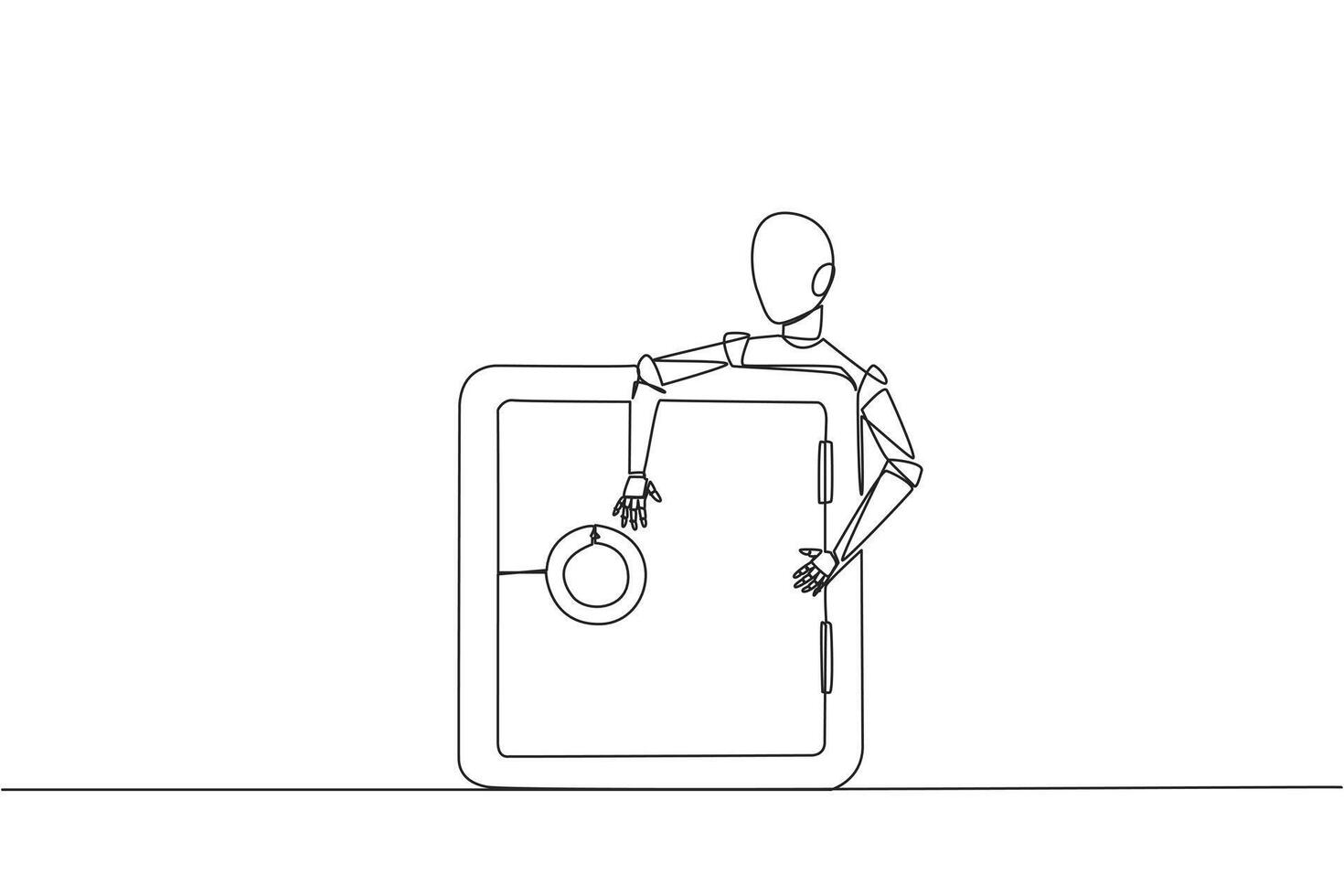 Single one line drawing robotic hugging safe deposit box. Adding layer to make it more secure. Encrypt data. Future technology development concept. AI tech. Continuous line design graphic illustration vector