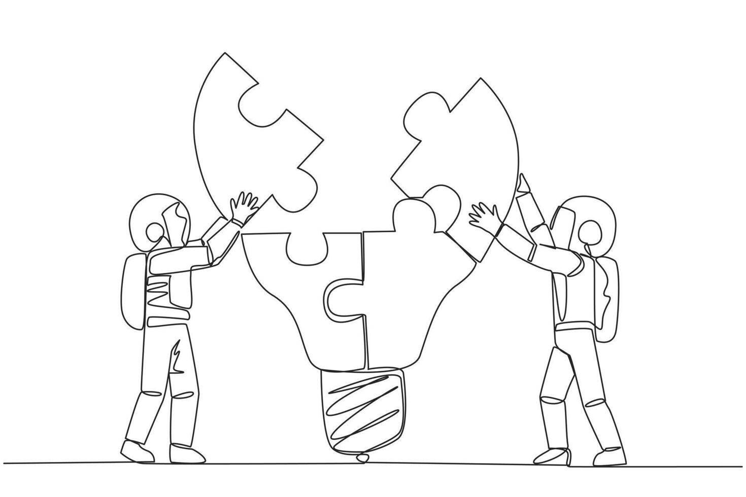 Single one line drawing two astronauts work in teams to complete a lightbulb-top puzzle. Working together to produce brilliant ideas. Teamwork on space. Continuous line design graphic illustration vector