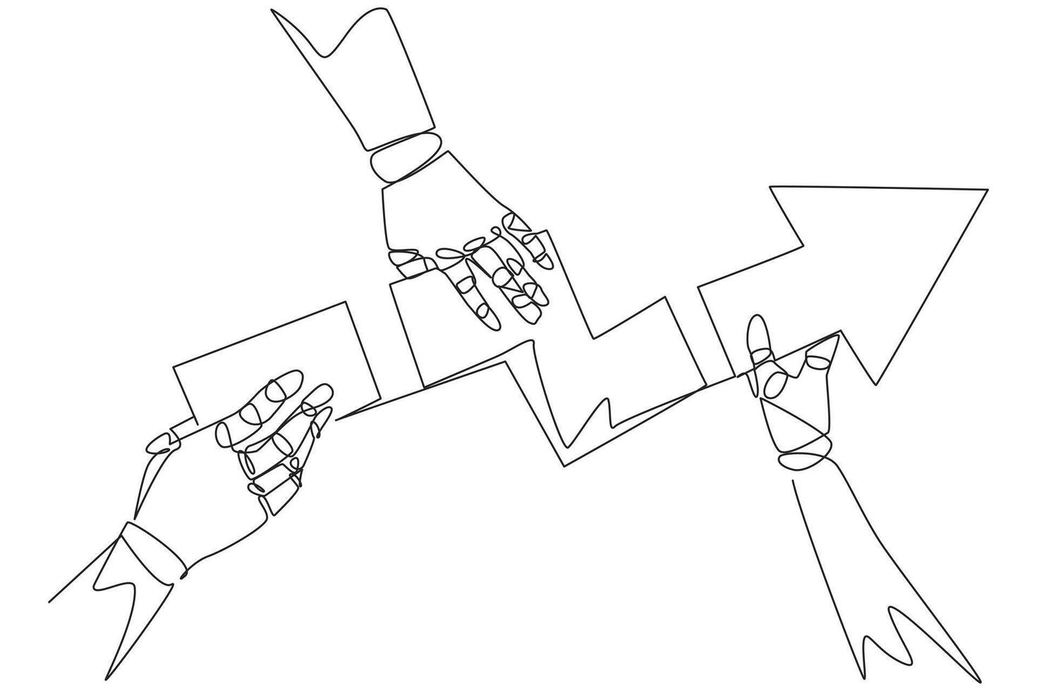 Single one line drawing three robotic hands each holding a directional arrowhead. Do teamwork so that the pieces become whole. Artificial intelligence. Continuous line design graphic illustration vector