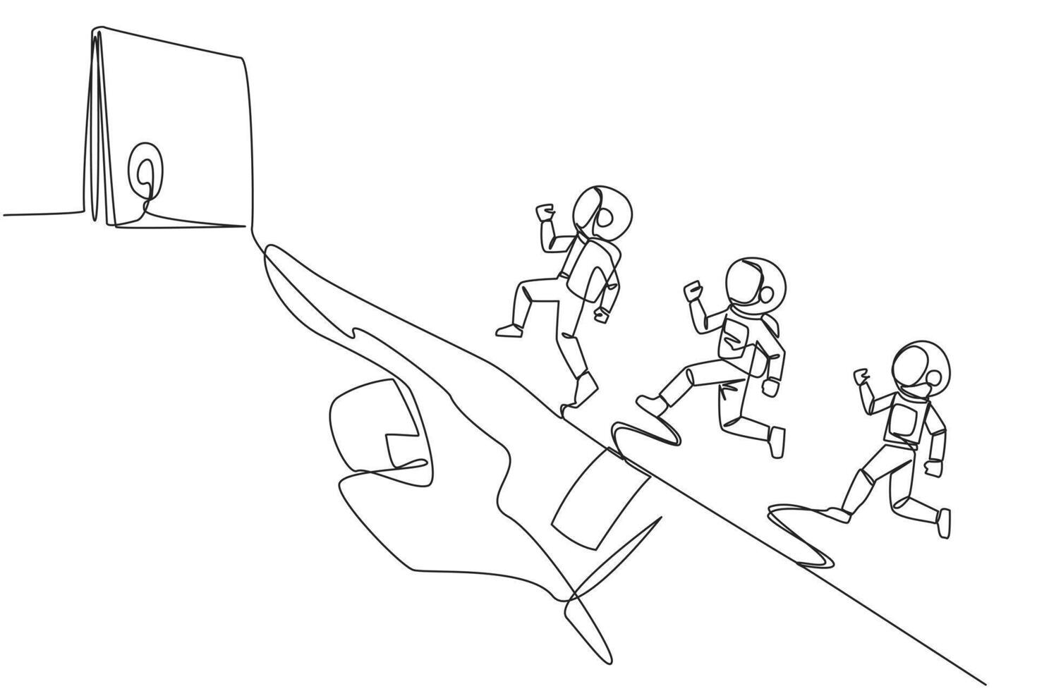 Continuous one line drawing 3 astronauts running on giant astronaut hand whose finger is pointing at round target board. Focused teamwork towards up arrow. Single line draw design vector illustration