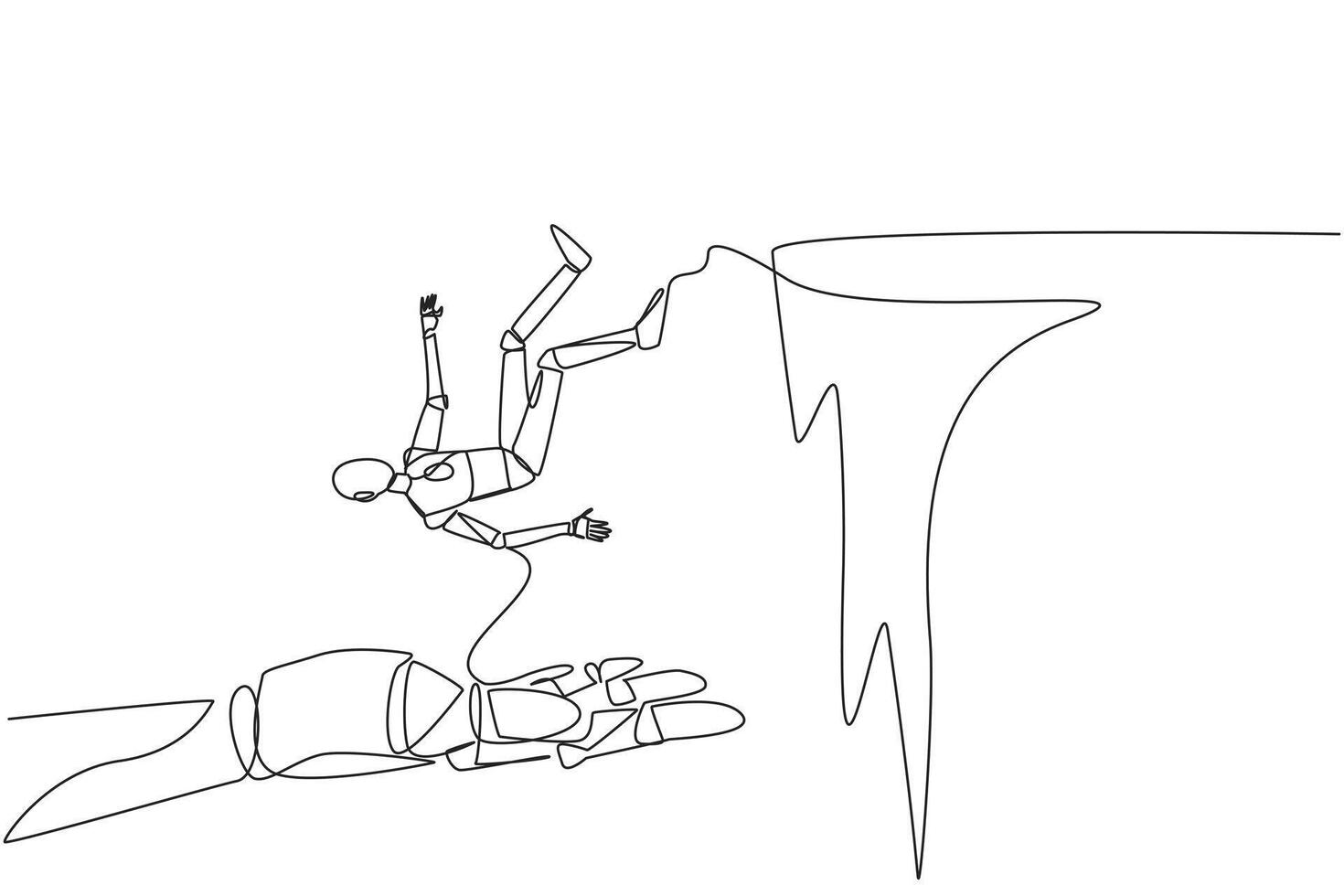 Single continuous line drawing robot fell off cliff but was held up by big hand. Teamwork to step up to a better arrow together. Future technology development. One line design vector illustration