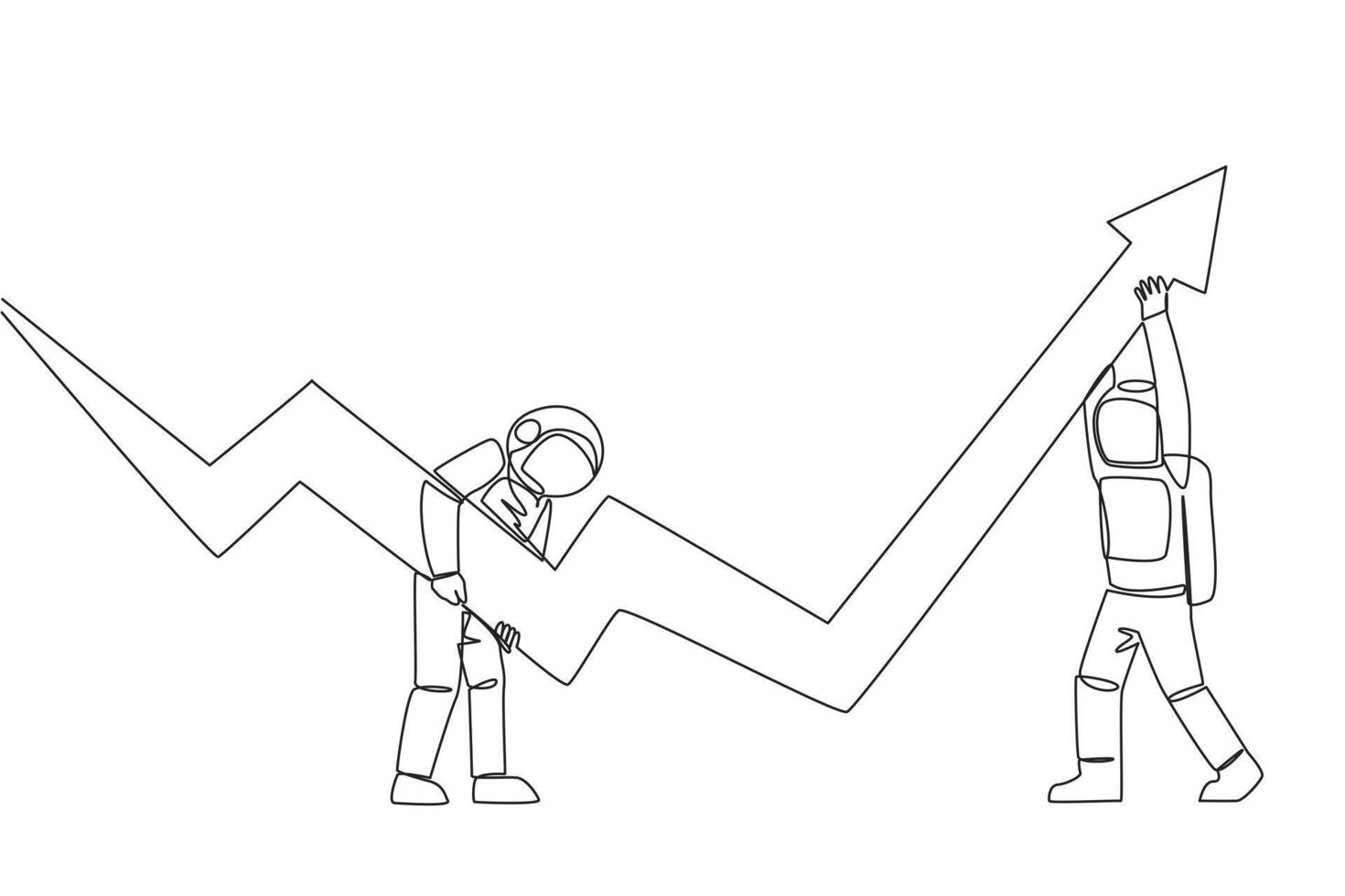 Single one line drawing two astronauts holding a large arrow chart. With their teamwork they hope that the graph will always be in rising condition. Cosmic. Continuous line design graphic illustration vector