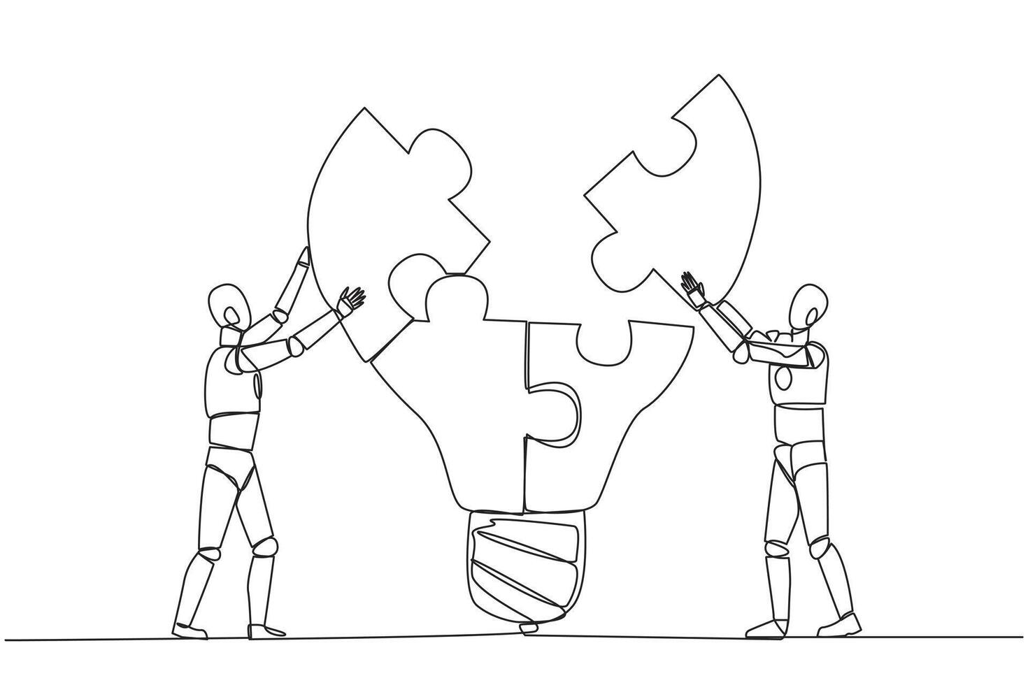 Single continuous line drawing two robots work in teams to complete a lightbulb-top puzzle. Working together to produce brilliant ideas. Teamwork future robots. One line design vector illustration