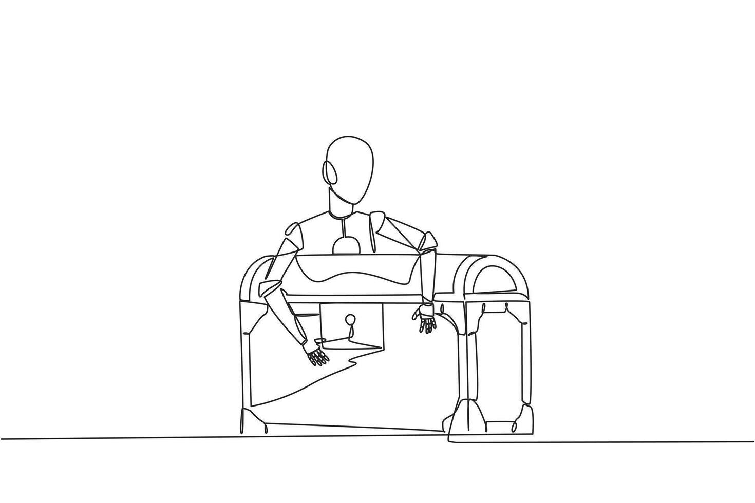 Single continuous line drawing robotic hugging treasure chest. Scans were carried out to determine how antique the objects were inside. Future technology concept. One line design vector illustration
