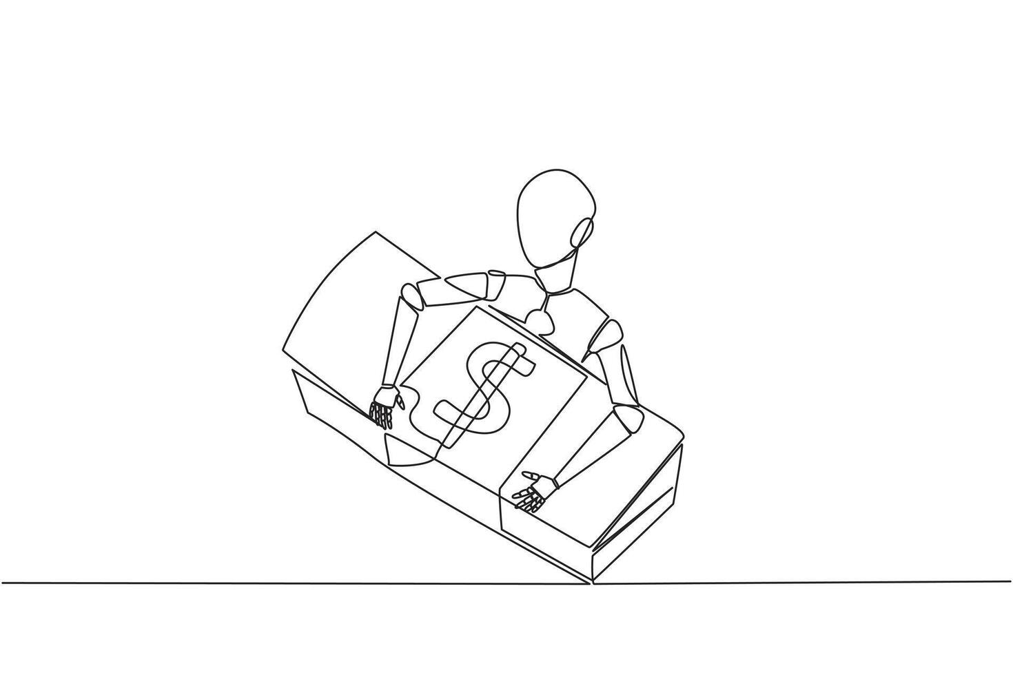 Single one line drawing robotic hugging pile of banknotes. Automatic scanning prevents misuse of money. Future artificial intelligence technology concept. Continuous line design graphic illustration vector