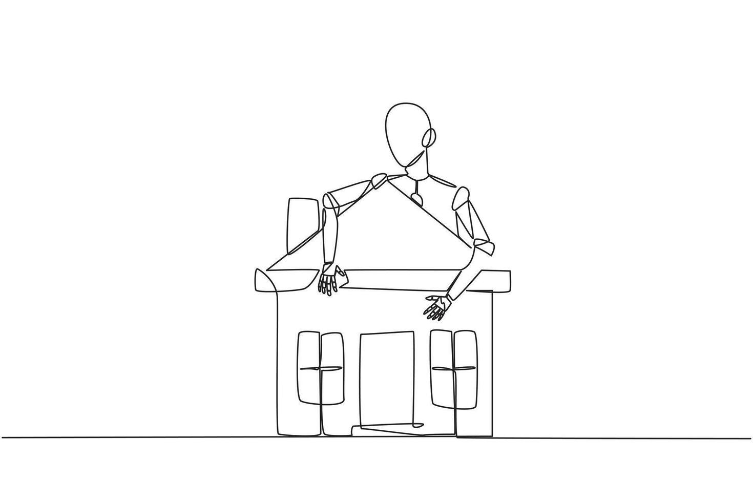 Single continuous line drawing robot hugging miniature house. His artificial intelligence is able to quickly build miniature houses. Future technology development. One line design vector illustration