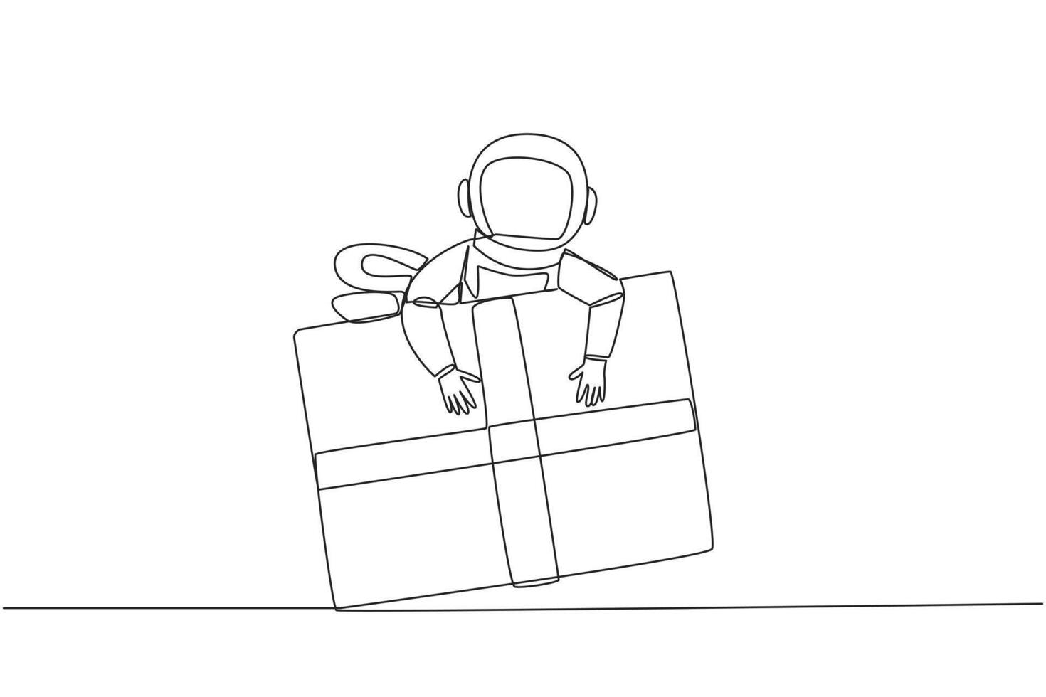 Single continuous line drawing astronaut hugging gift box. Gift box with ribbon has been prepared by the expedition crew. Ready to give to team on earth. Cosmic. One line design vector illustration