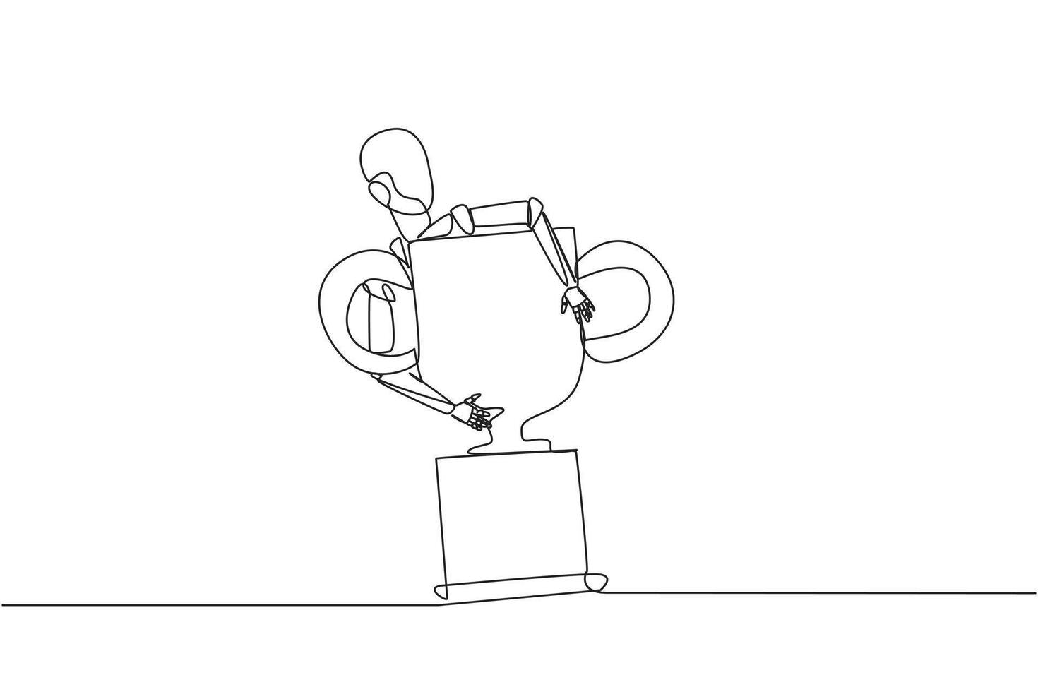 Single one line drawing robotic hugging trophy. The winner of soft engineering is an intelligent robot. Technology artificial intelligence. Future tech. Continuous line design graphic illustration vector
