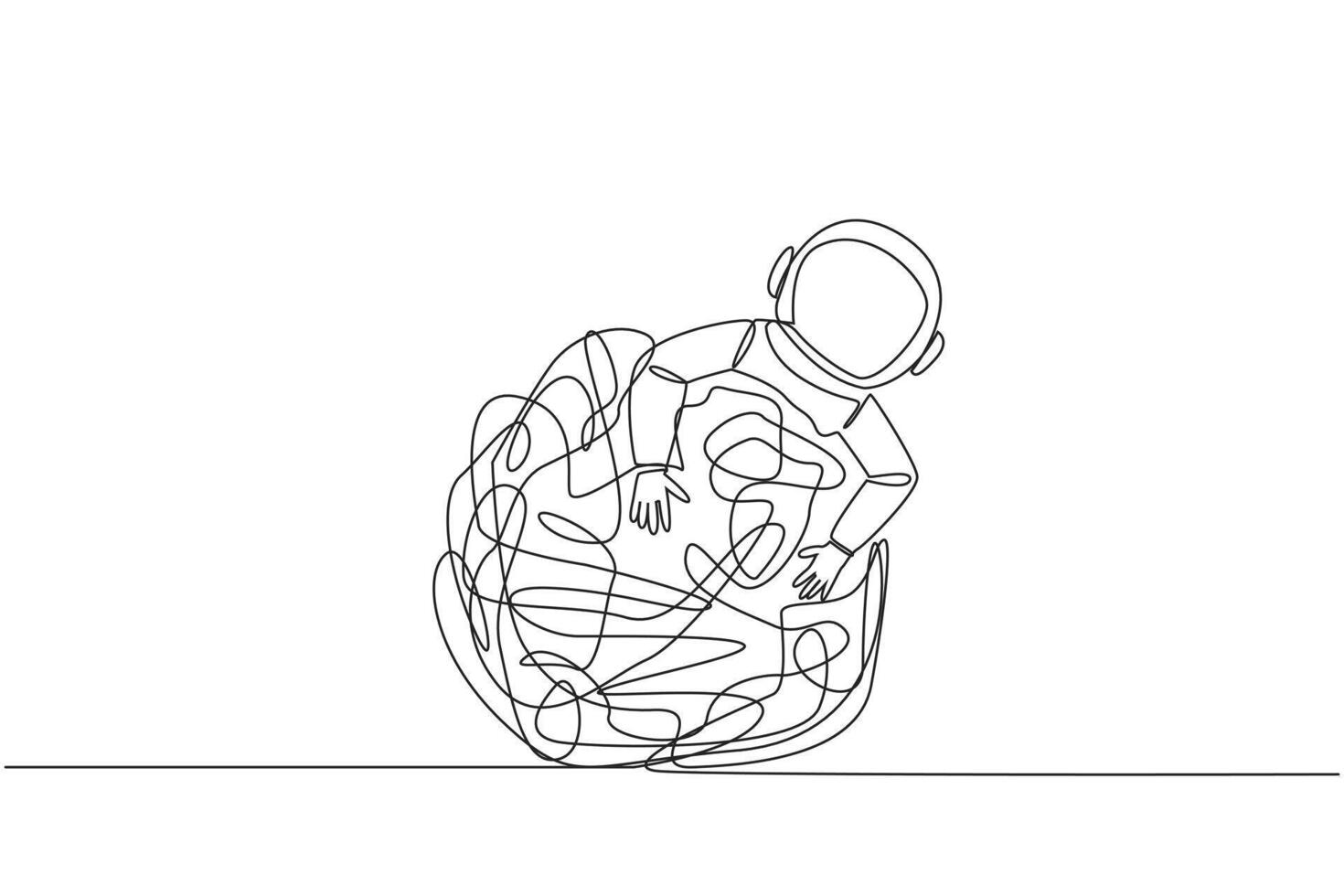 Continuous one line drawing astronaut hugging tangled circle. Trying to get rid of excess anxiety. Calm the mind for the good and smoothness of expedition. Single line draw design vector illustration