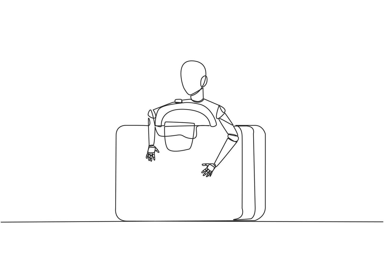 Single continuous line drawing robotic hugging briefcase. Electronic bag. Can only be opened if it is connected to the robot. Future technology development concept. One line design vector illustration