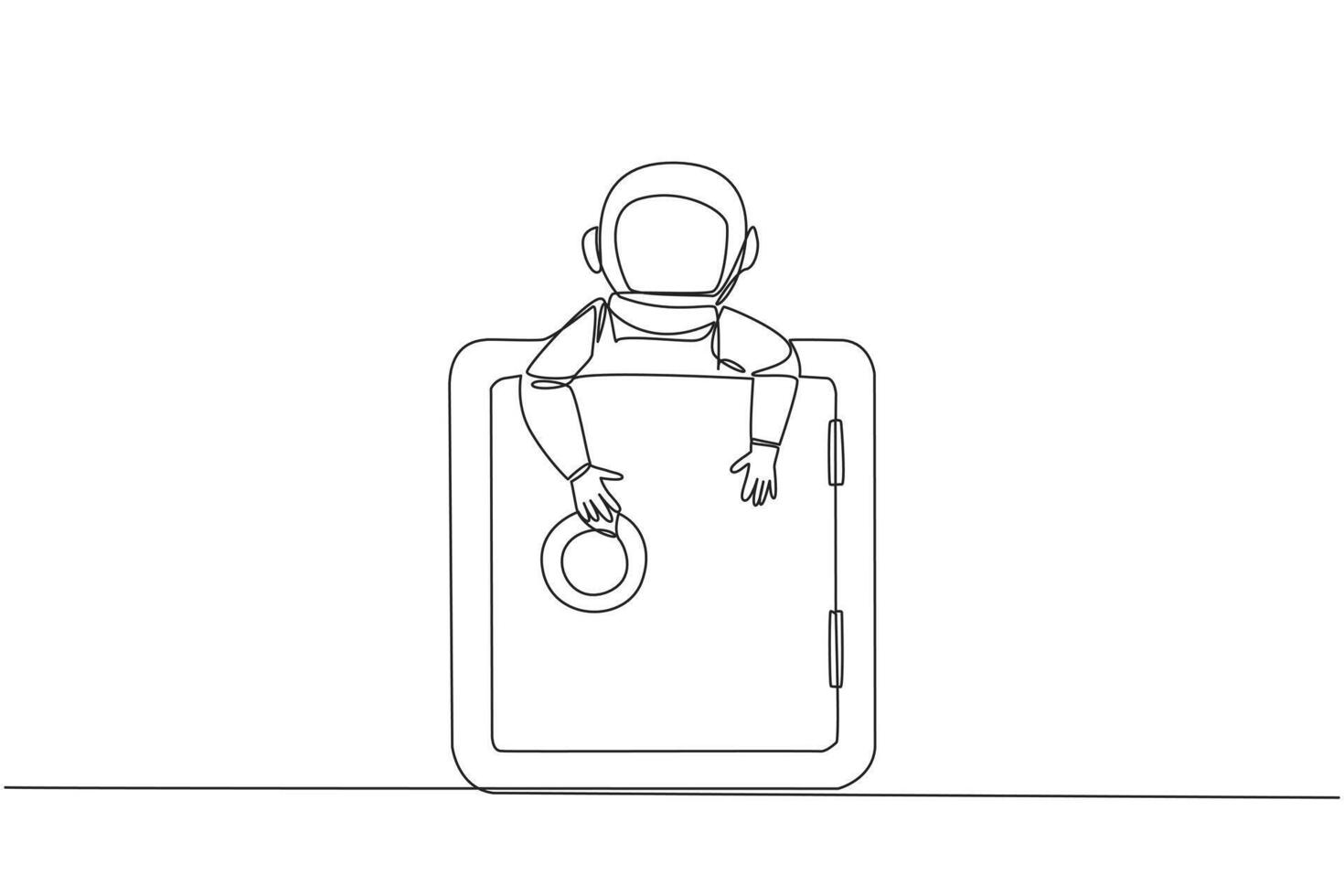 Continuous one line drawing young energetic astronaut hugging safe deposit box. The expedition database is kept in the safest place. Cosmonaut galaxy space. Single line draw design vector illustration