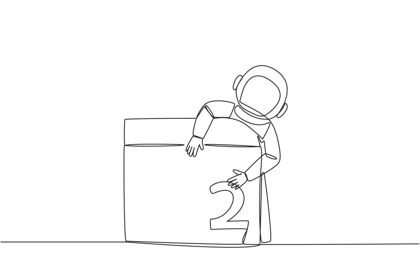 Single continuous line drawing astronaut hugging desk calendar and giving code to the number two. Having meaning would be his second expedition. Galaxy outer space. One line design vector illustration