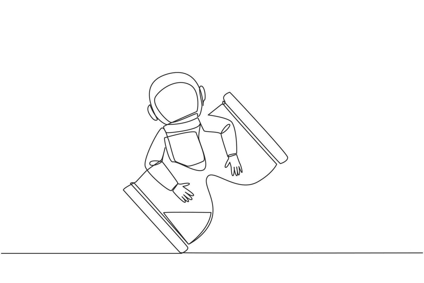 Continuous one line drawing young astronaut hugging hourglass. The exact countdown, the additional crew who want to land on the lunar surface have arrived. Single line draw design vector illustration