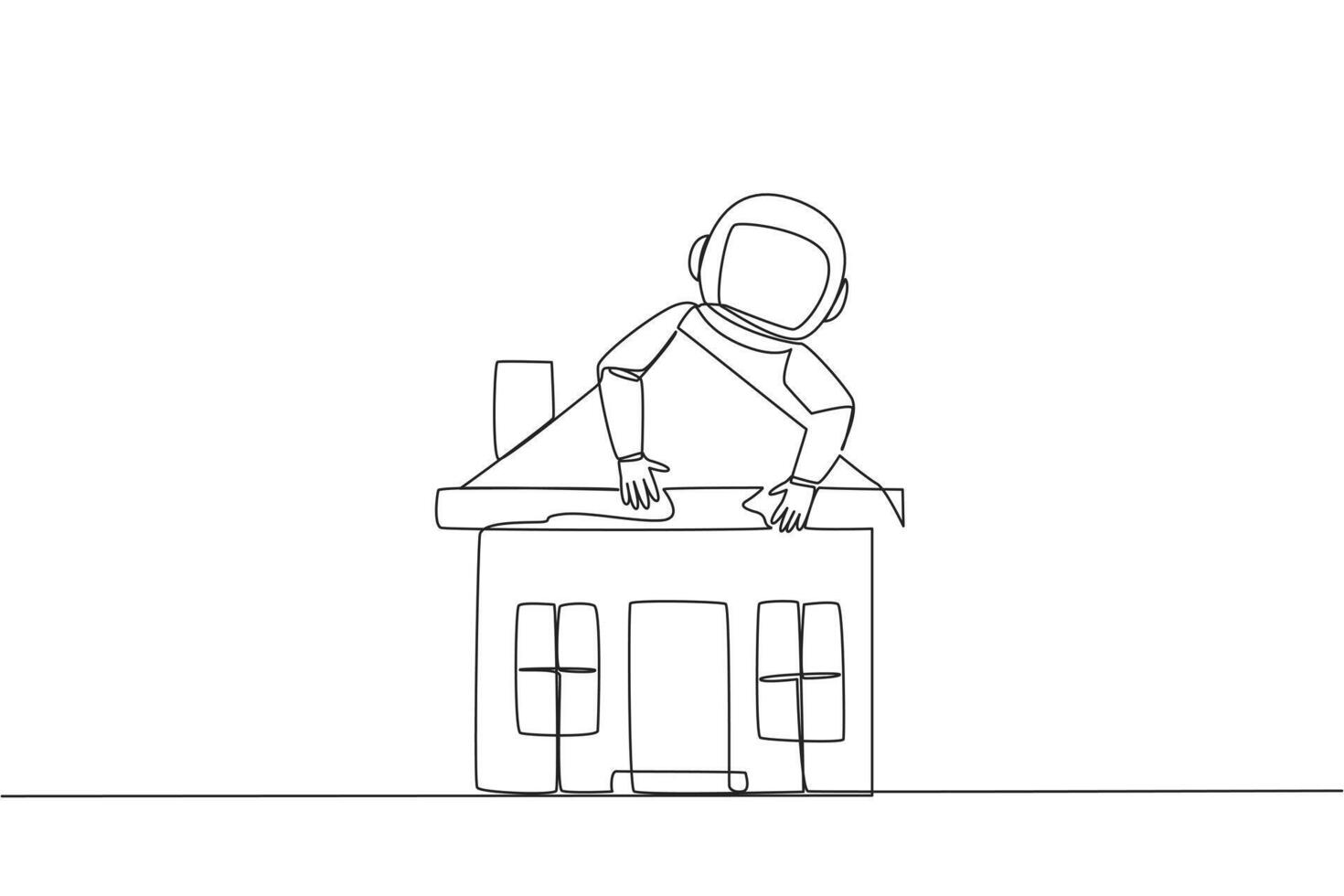 Continuous one line drawing young energetic hugging miniature house. Astronauts want to go home when the mission is over. Miss homeland. Cosmonaut. Cosmic. Single line draw design vector illustration