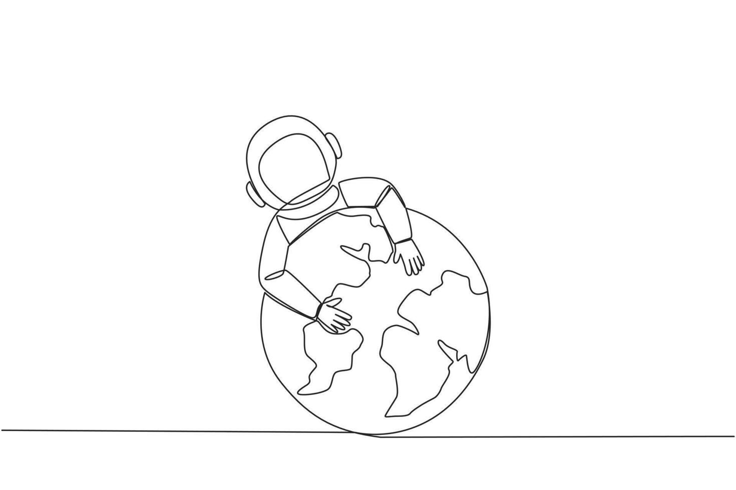 Continuous one line drawing young energetic astronaut hugging globe. Homesick metaphor. Space man cosmic galaxy concept. Cosmonaut outer space. Galactic. Single line draw design vector illustration