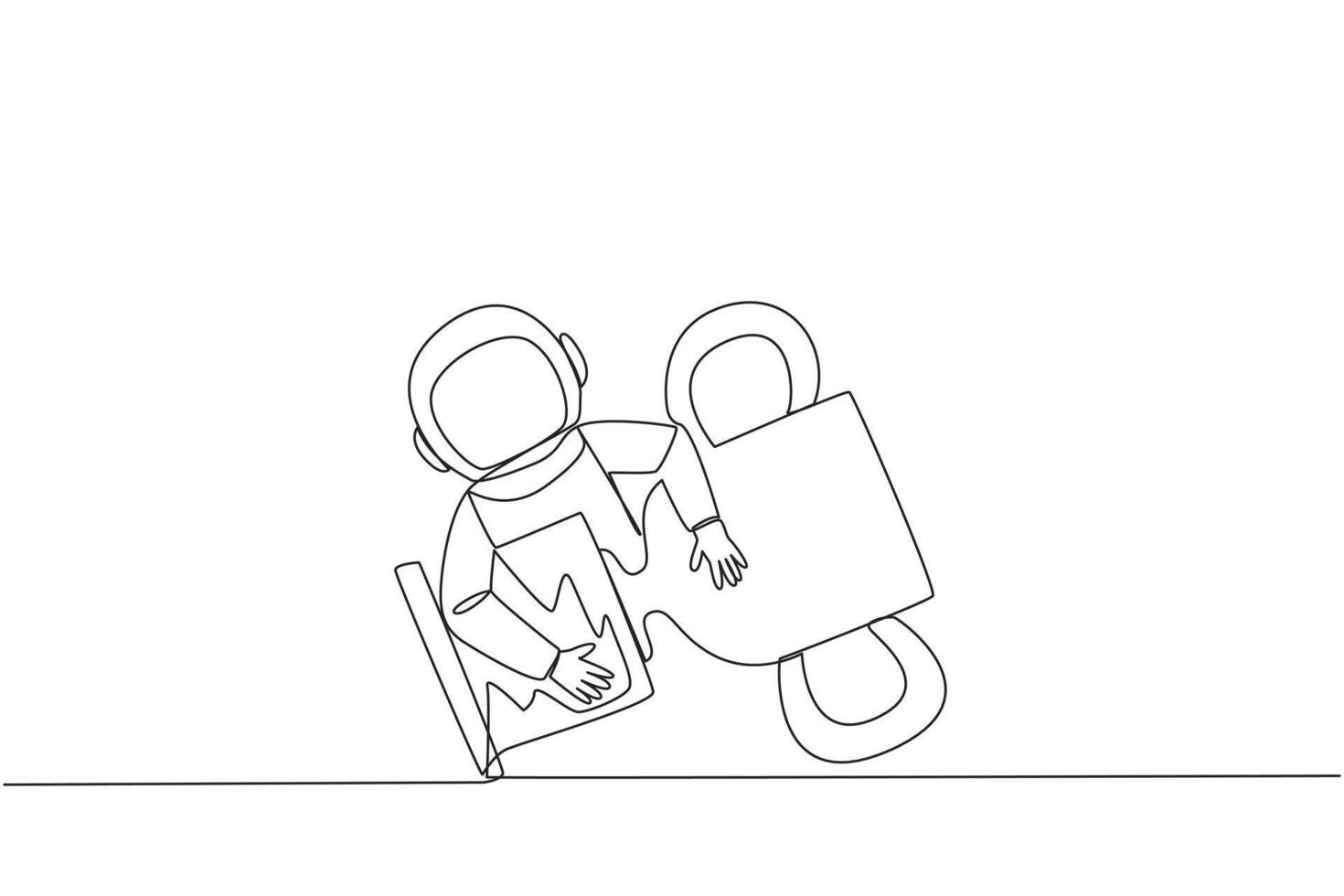 Single one line drawing young energetic astronaut hugging trophy. Received an award trophy for the success of running an expedition on the surface of moon. Continuous line design graphic illustration vector