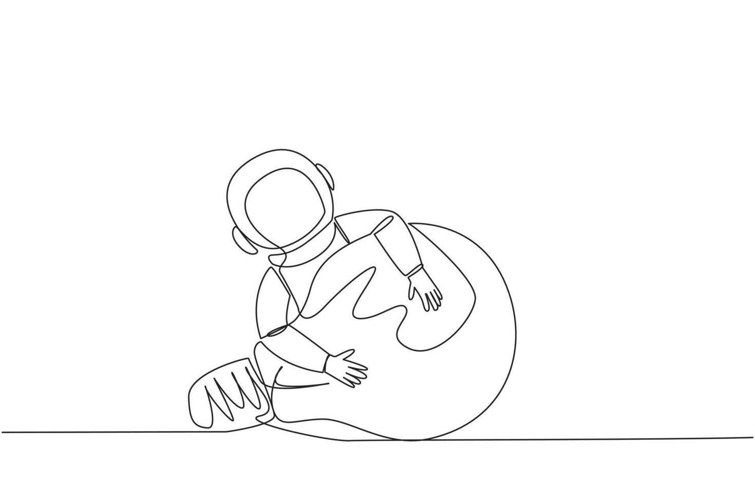 Single continuous line drawing astronaut hugging lightbulb. Astronaut build the first data-processing robot to facilitate search for water and ice on lunar surface. One line design vector illustration