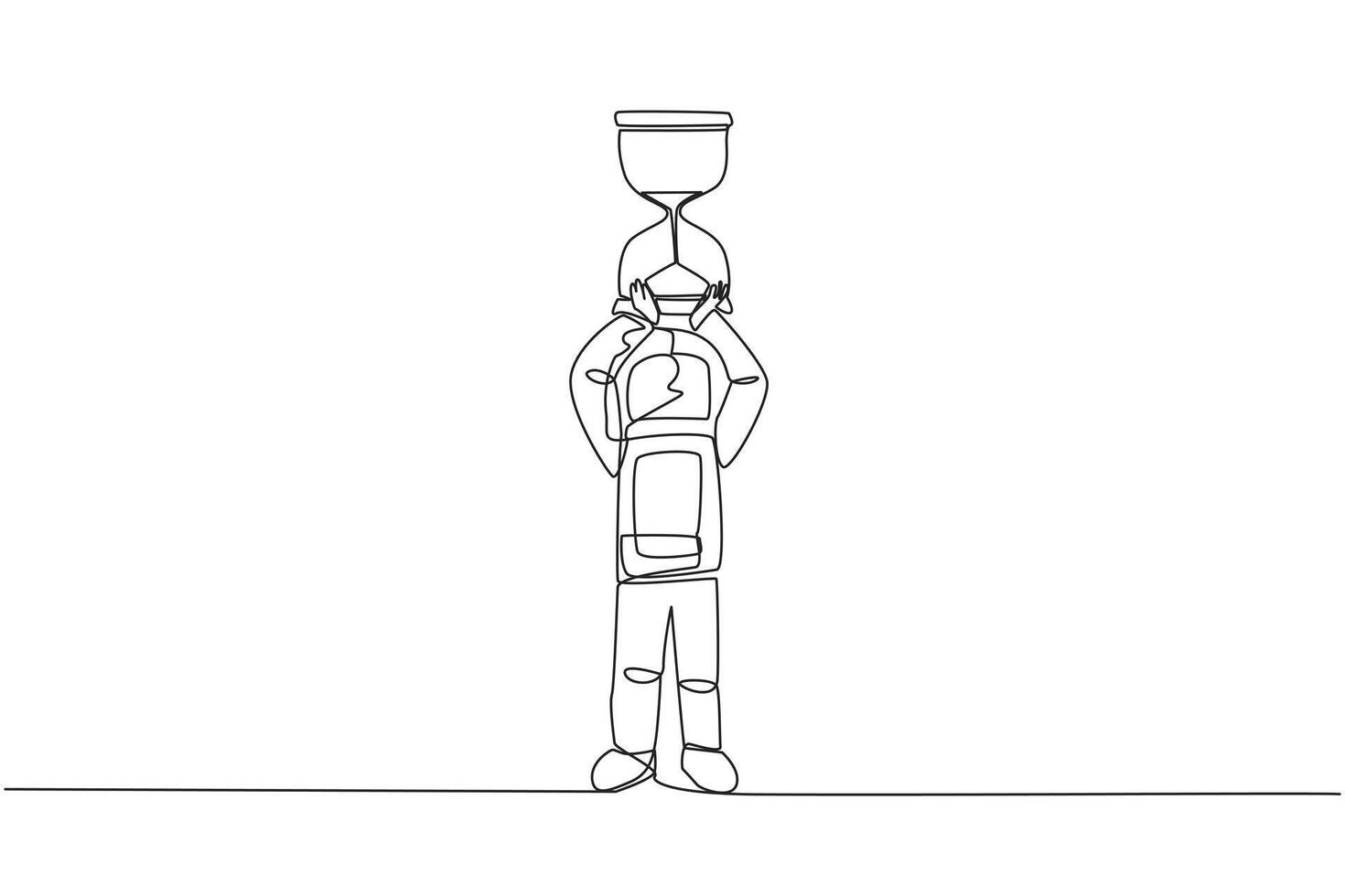 Single continuous line drawing young energetic astronaut lift up big hourglass above head. A tool used to countdown departures into outer space. Cosmic deep space. One line design vector illustration