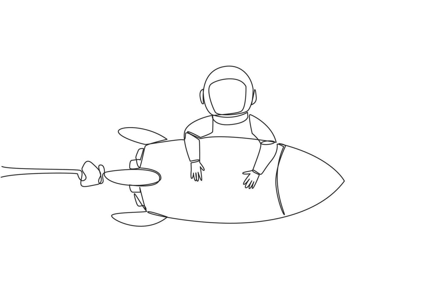 Single one line drawing young energetic astronaut hugging flying rocket. Make a landing on earth after a successful expedition. Cosmic galaxy deep space. Continuous line design graphic illustration vector