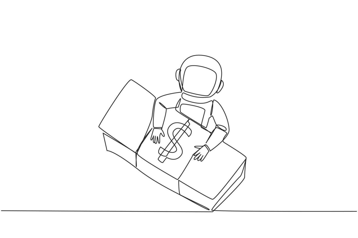 Continuous one line drawing astronaut hugging pile of banknotes. Got donations from parties who support the implementation of the expedition. Spaceflight. Single line draw design vector illustration