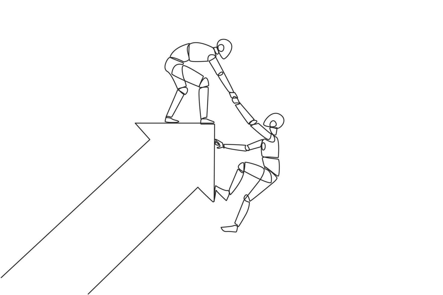 Single continuous line drawing a robot pulled the arm of another robot that almost fell from the big arrow. Team work to help colleagues. Growing together. Tech AI. One line design vector illustration