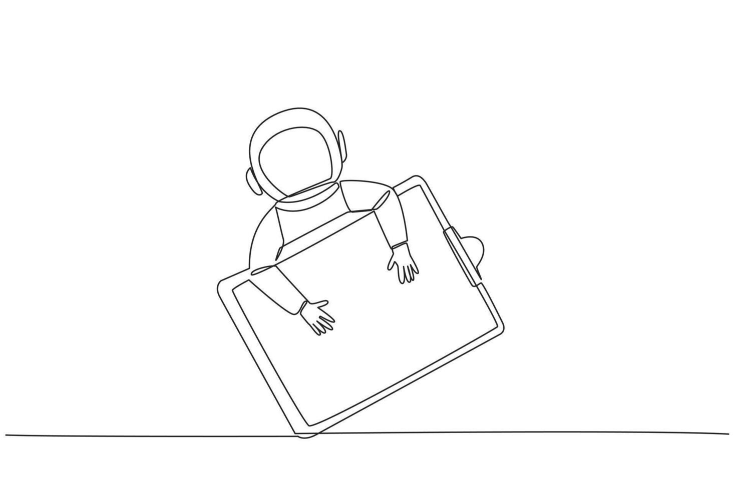 Single continuous line drawing young energetic astronaut hugging clipboard. Keep records of what has been done during the expedition. And do a check. Galaxy cosmic. One line design vector illustration