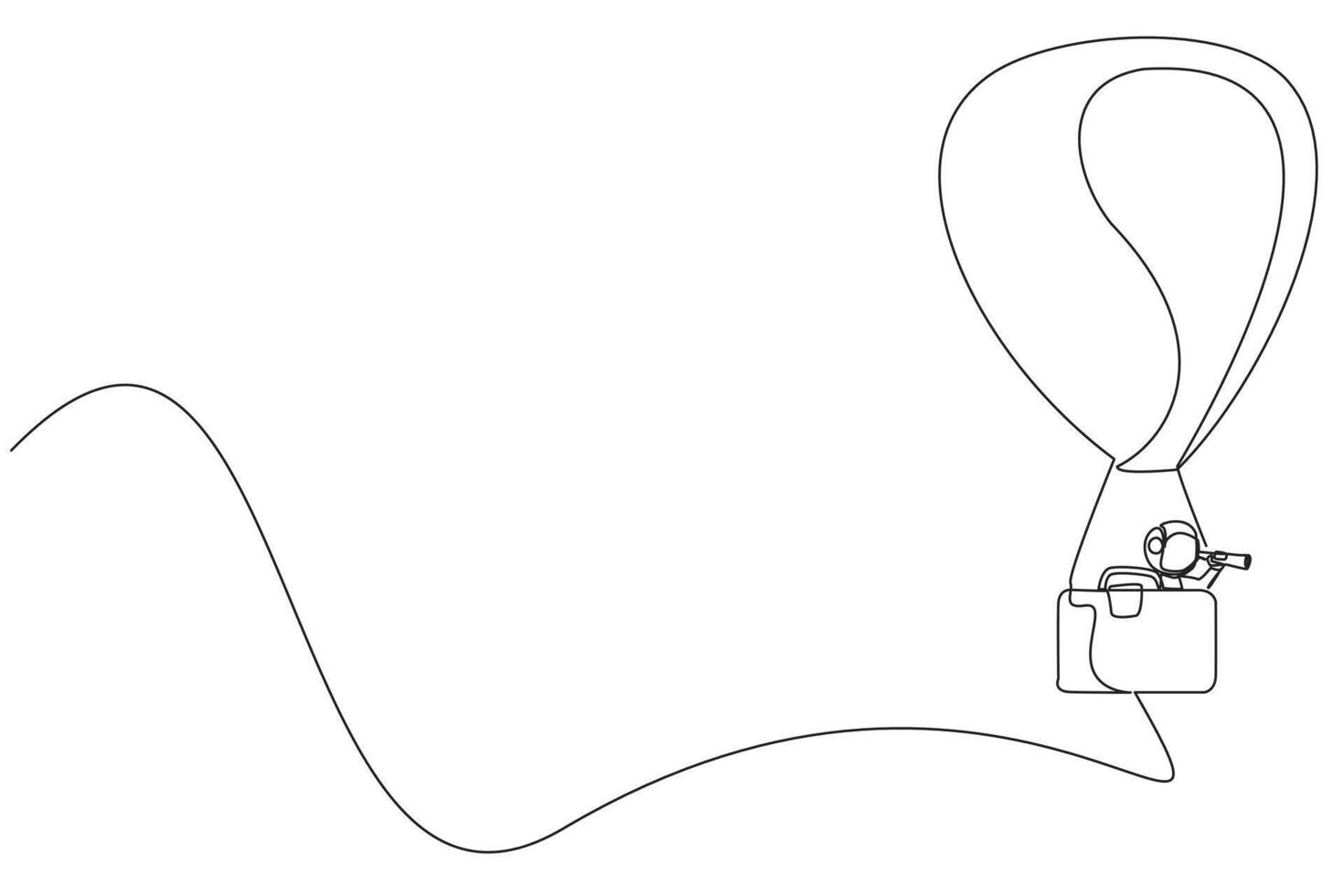 Single one line drawing young energetic astronaut using monocular, flying with hot air balloon with a passenger box has shape briefcase. Cosmic deep space. Continuous line design graphic illustration vector