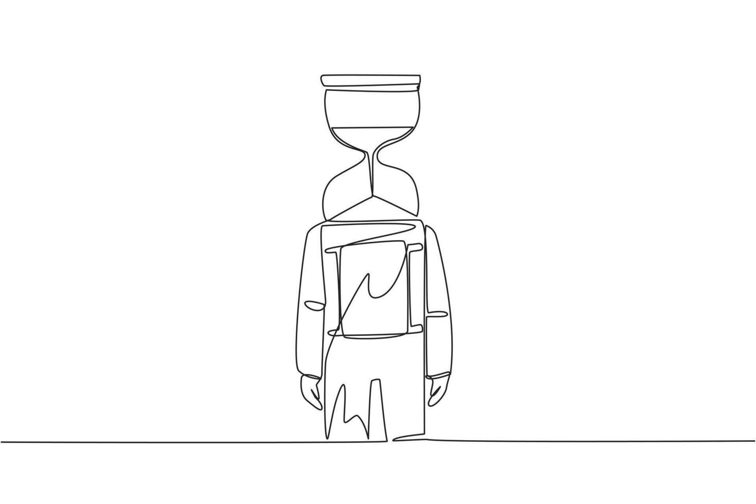 Continuous one line drawing young astronaut with hourglass instead of head, stand facing forward. Helps show the time spent on tracing on the moon surface. Single line draw design vector illustration
